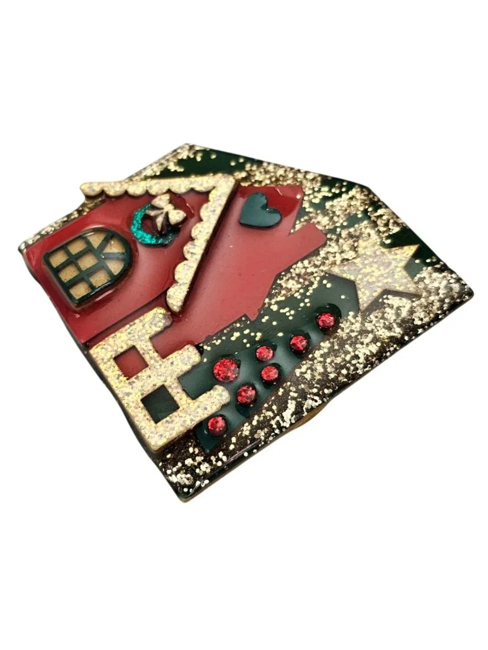 Lucinda Red House Christmas Tree Sparkle Star Pin J848